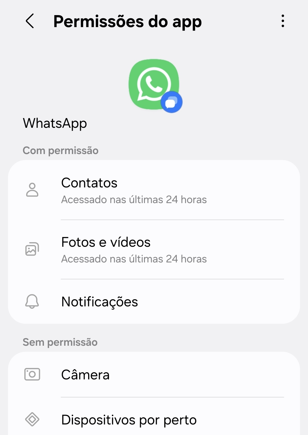 tela de permissões no Android mostrando opções de acesso concedido a contatos, fotos e vídeos, notificações. As permissões de câmera e dispositivos por pertos não estão liberadas